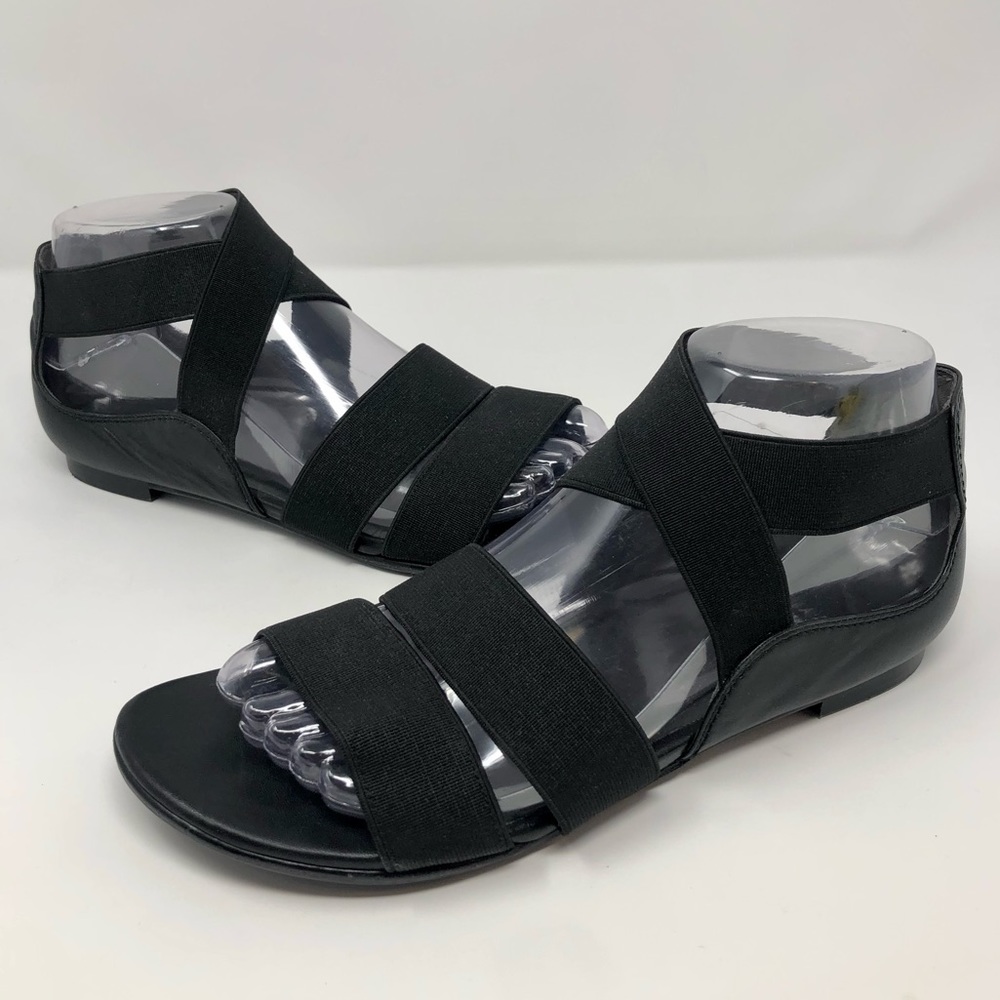 Stuart Weitzman Black Leather and Elastic Crisscross Straps Flat Sandal Open Toe